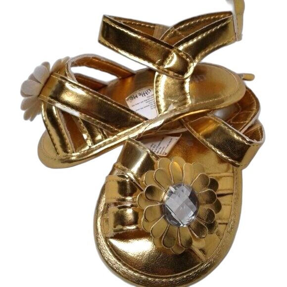 Little Me Baby Girl Sandals Sz 3 Infant Gold Straps Flower Rhinestone Velcro NEW - Picture 2 of 10